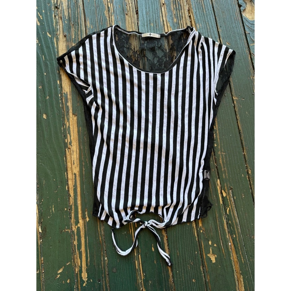 Blu Planet Womens Black White Striped Lace Back Tie Front Cap Sleeve Top Small